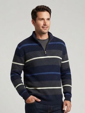 Feel Good Men's Striped Half-Zip Sweater in Navy, Gray & Cream  Size XL